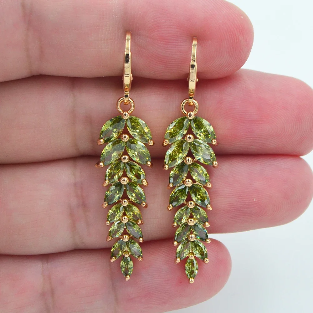 AAA+ Cubic Zirconia Gold Color Fashion Women Luxury Green CZ Leaf Engagement Earrings Jewelry