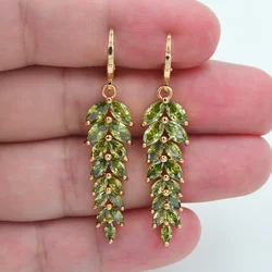 AAA+ Cubic Zirconia Gold Color Fashion Women Luxury Green CZ Leaf Engagement Earrings Jewelry