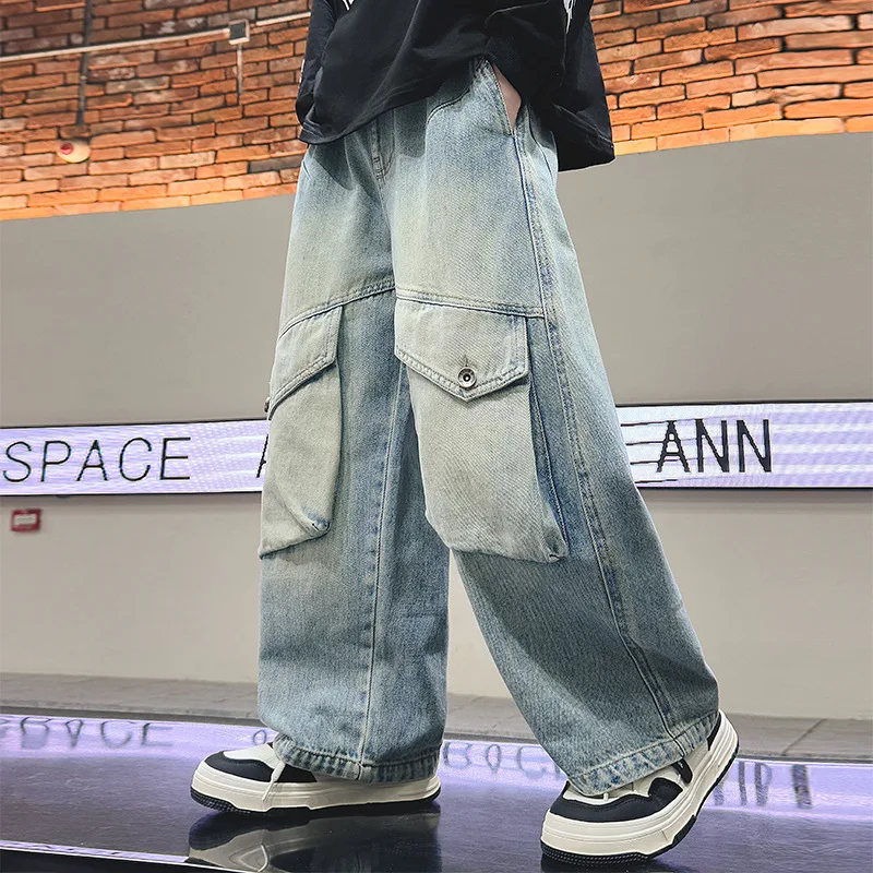 

BOys Hip Hop Streetwear Jeans with Big Pocket Spring Autumn New Style teen Children Loose Casual Wide Leg Cargo Denim Pants