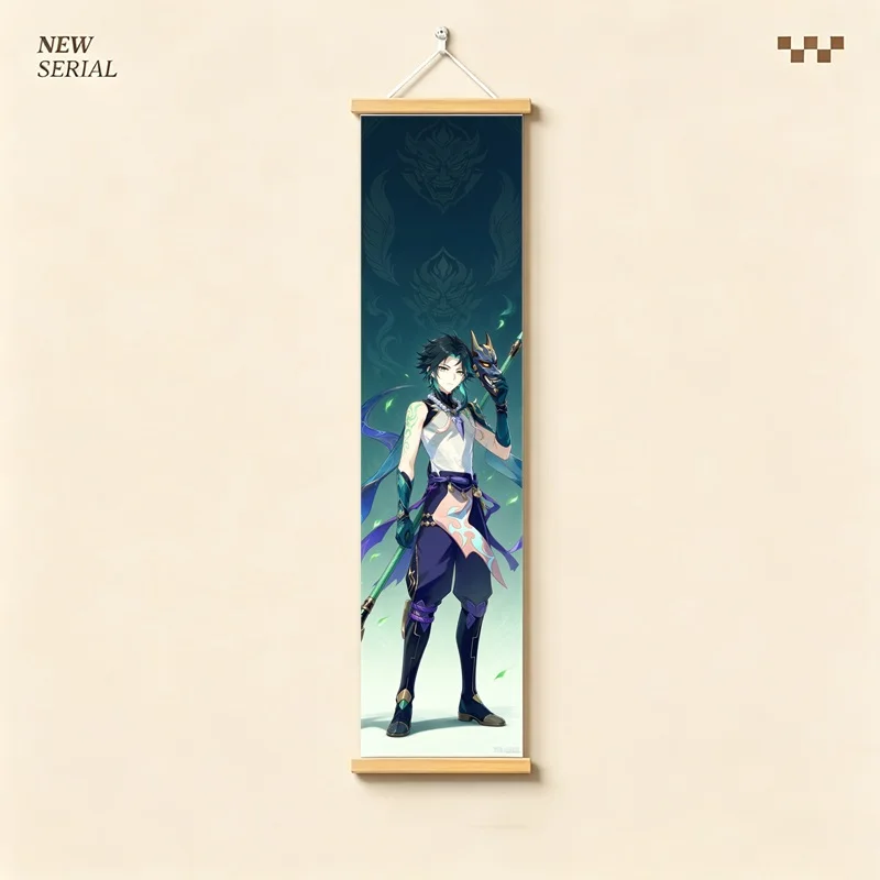 Hanging Scroll Wall Art of Genshin Impact Xiao with Glowing Emerald Energy on Silver Shimmer Canvas for an Anime Bedroom