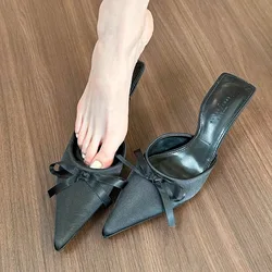 New Silk Butterfly-knot Women's Slippers Sandals Pointed Toe High Heel Pumps Ladies Stripper Mules Shoes High Heel Shoes