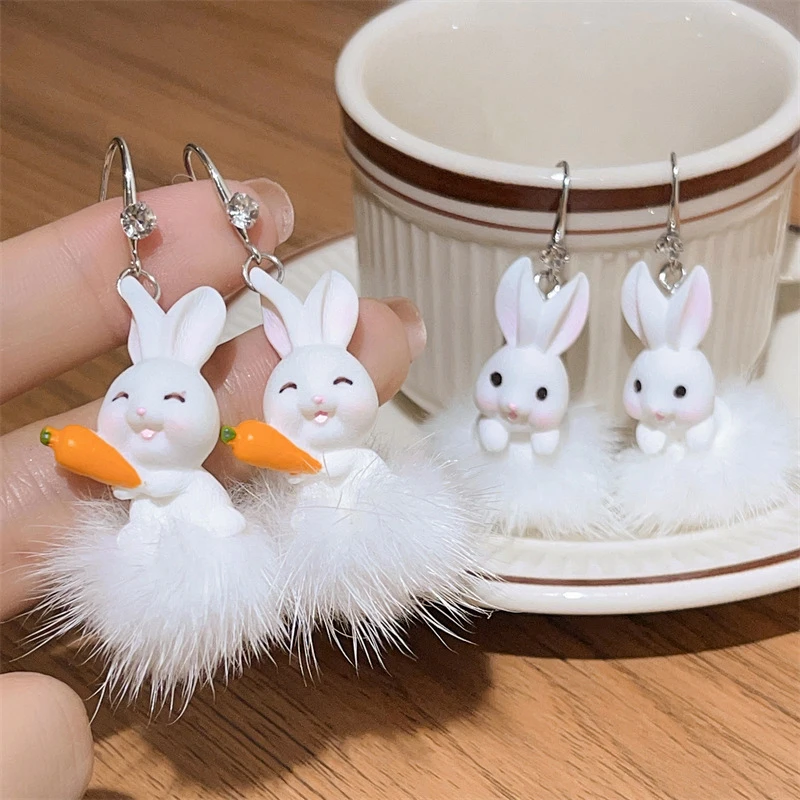 New Fluffy Rabbit Drop Earrings White Plush Cute Animal Earrings For Women Girls Korean Jewelry Brincos New Year Gifts