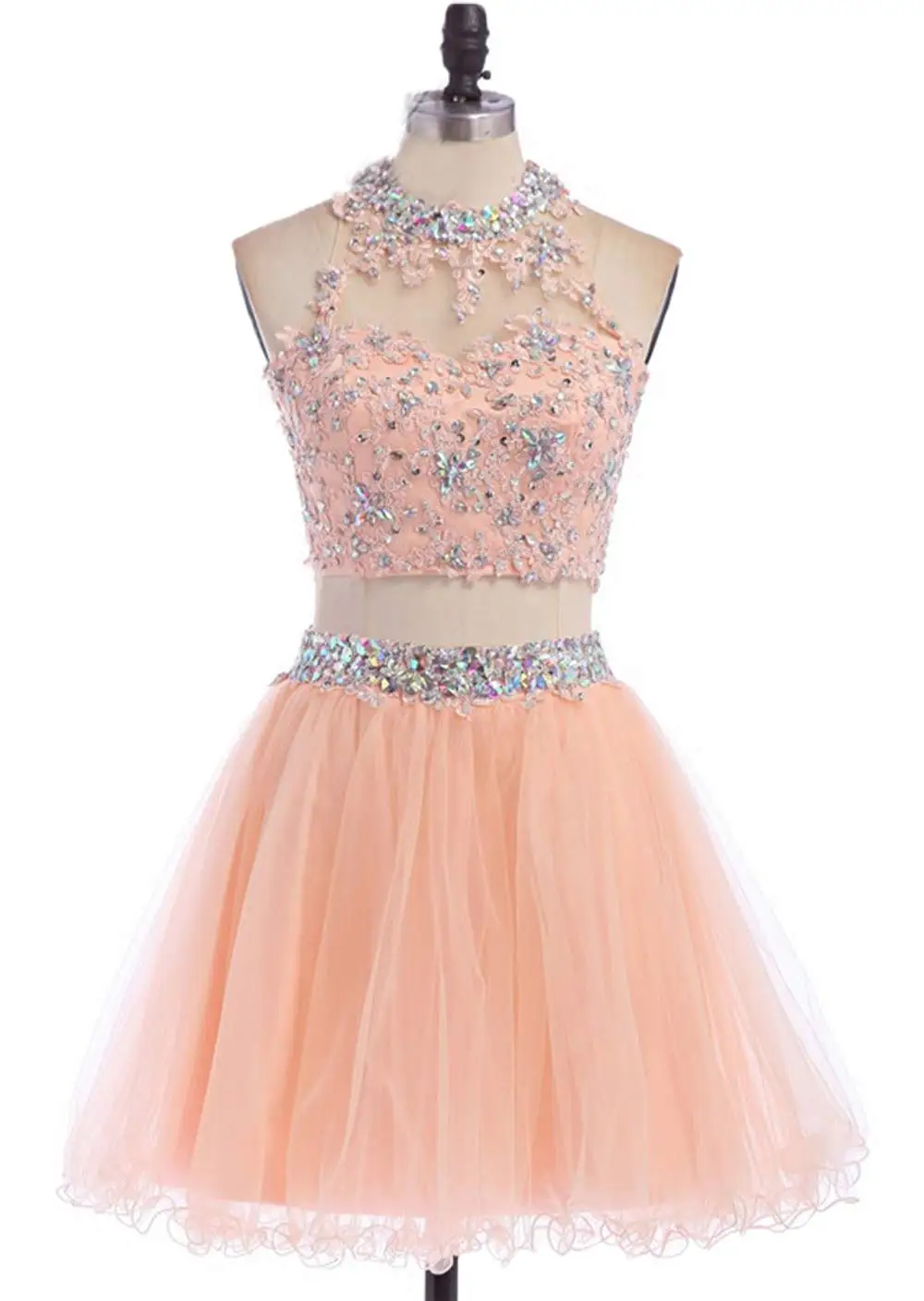 Abito da ritorno a casa in due pezzi Abiti da damigella d'onore corti con perline in tulle Abito da ballo con paillettes applicate in pizzo per donna