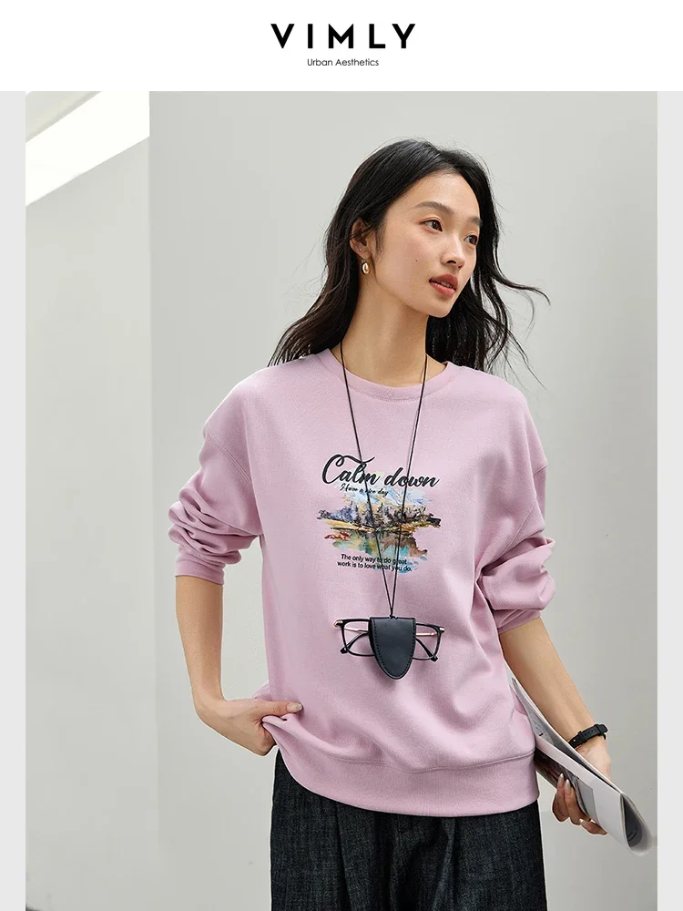 VIMLY Office Lady Letter Printed Sweatshirt 2025 New Spring Round-neck Loose Drop-shoulder Pullover Casual Simple Streetwear