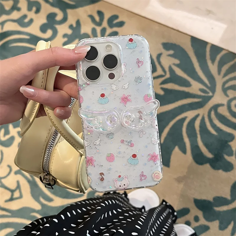 لطيف Bowknot الجانب الإطار جراب هاتف آيفون 16 برو 15 14 13 برو ماكس غطاء واضح بريق أجنحة للصدمات حالات ل 16 ProMax