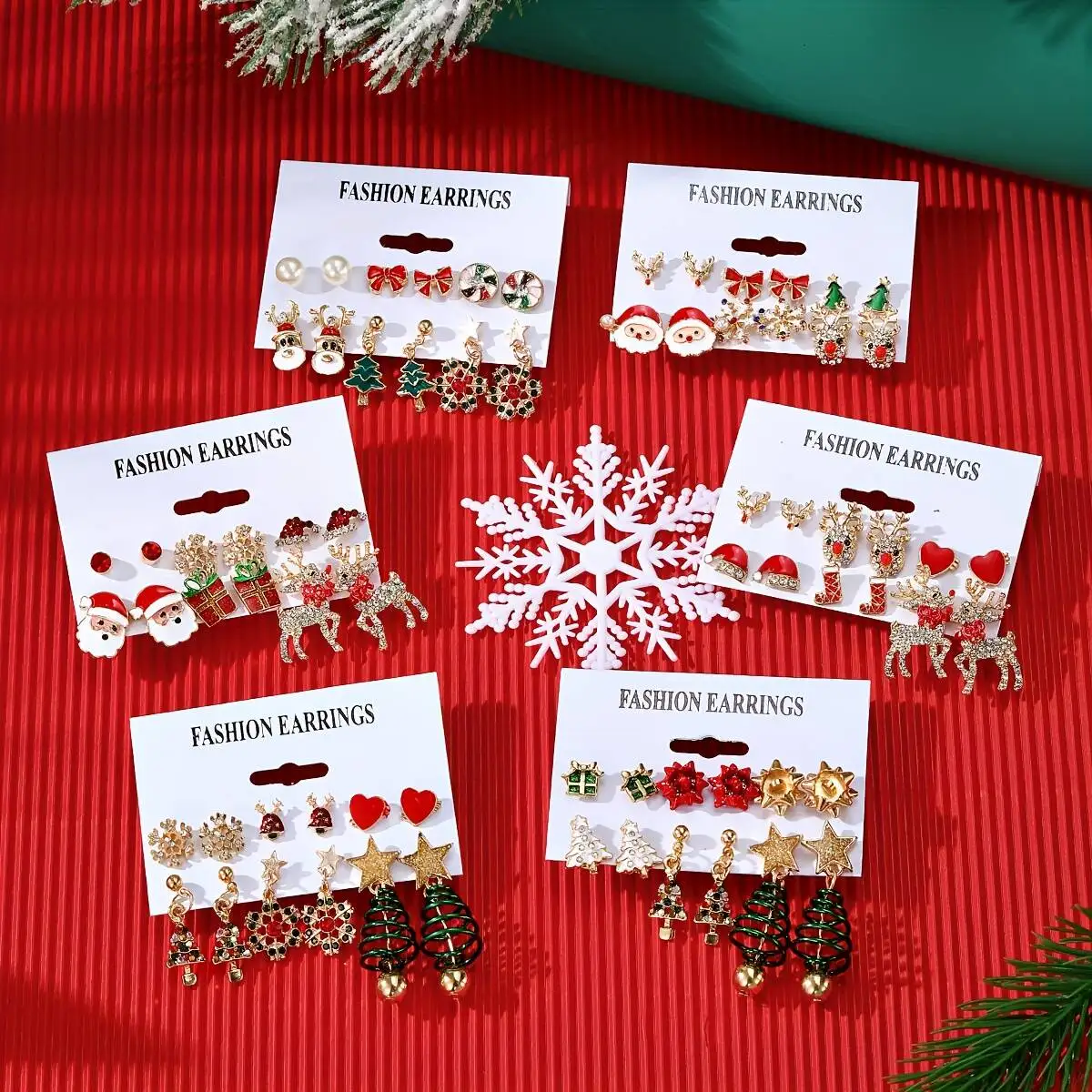 12-Piece Set/6 Pairs Exquisite Design Cute Colorful Rhinestone Reindeer Santa Claus Bow Tree Pendant Earrings Set For Women