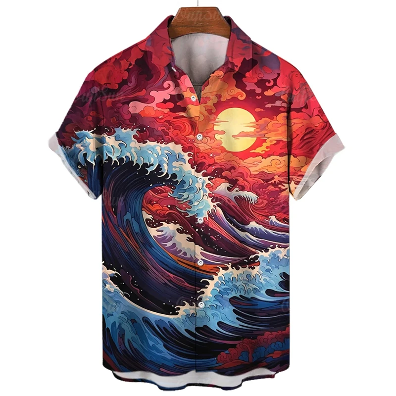 Harajuku Fashion Sunset Waves Graphic Shirts For Men Clothes Colourful Blouses Casual Hawaiian Beach Shirts Streetwear Y2k Tops