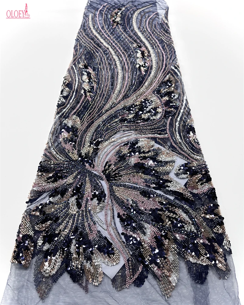 

Luxury French Mesh Lace Fabric with Beaded Sequins for Wedding Dresses African Nigerian Style Embroidery Sewing Material