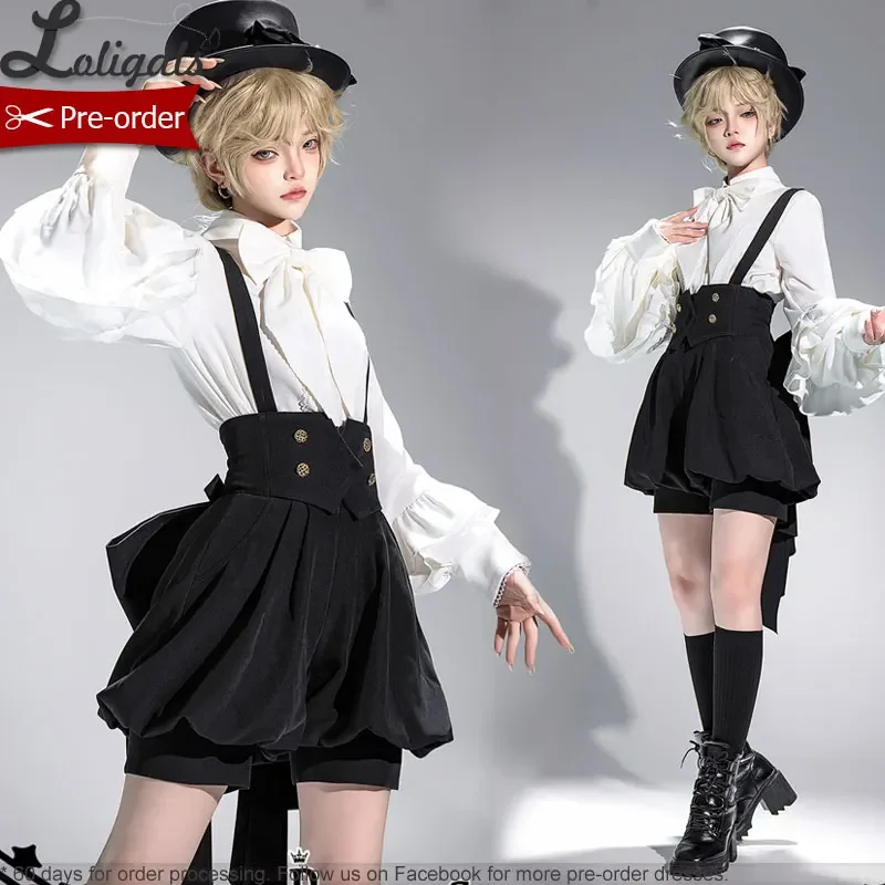 Gotycka biała koszula Lolita z długim rękawem Retro Black Ouji Prince Suspender Shorts w. Bow ~ Elegancka lalka autorstwa księżniczki Kroniki