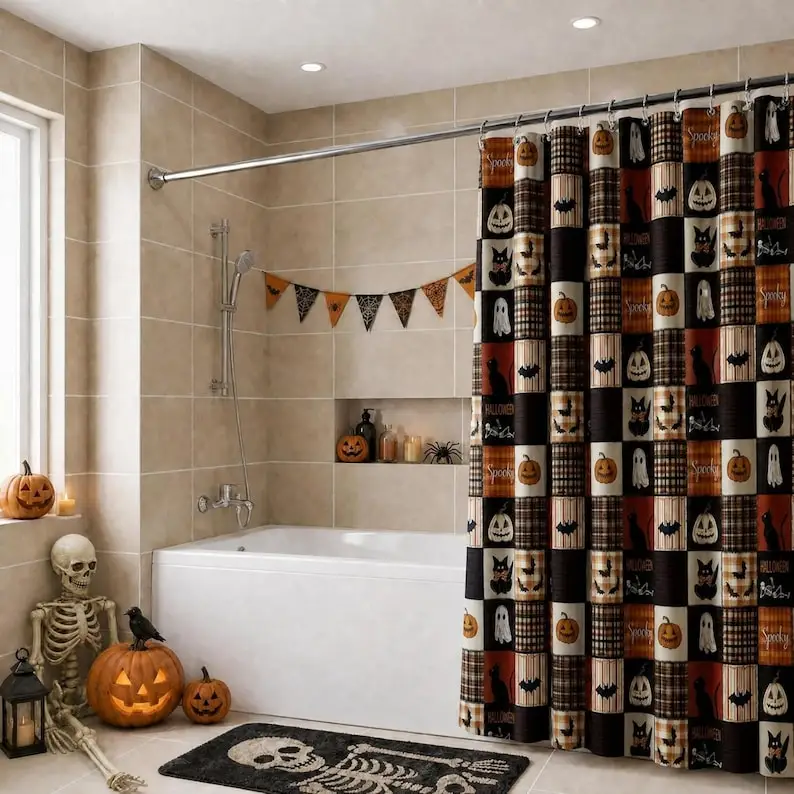 Halloween Patchwork Shower Curtain, Plaid Pumpkin Ghost Bath Decor
