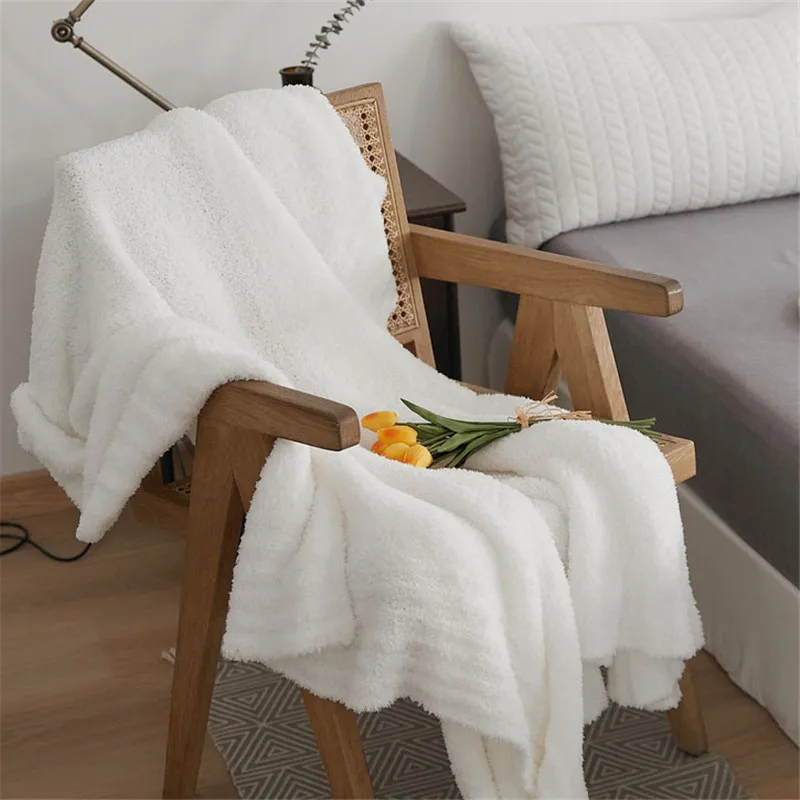 Fuzzy Downy Knitted Throw Blanket Air Conditioning Room Sofa Bed Breathable Stripe Hairy Microfiber Quilt Blankets Pure Color