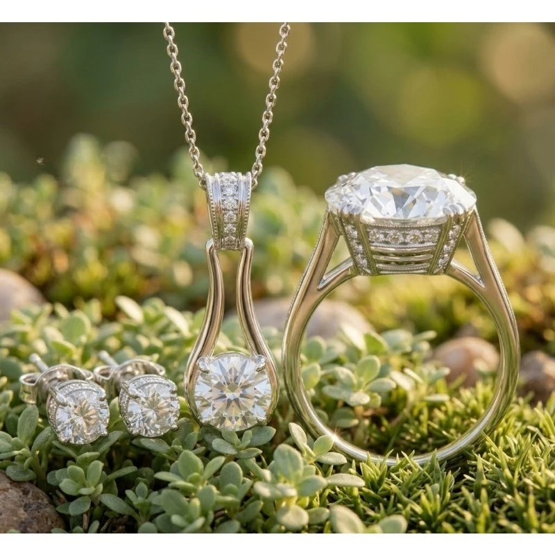 925 Silver round Moissanite Wedding Jewelry Set with Hidden Halo - Engagement Ring Necklace Earrings