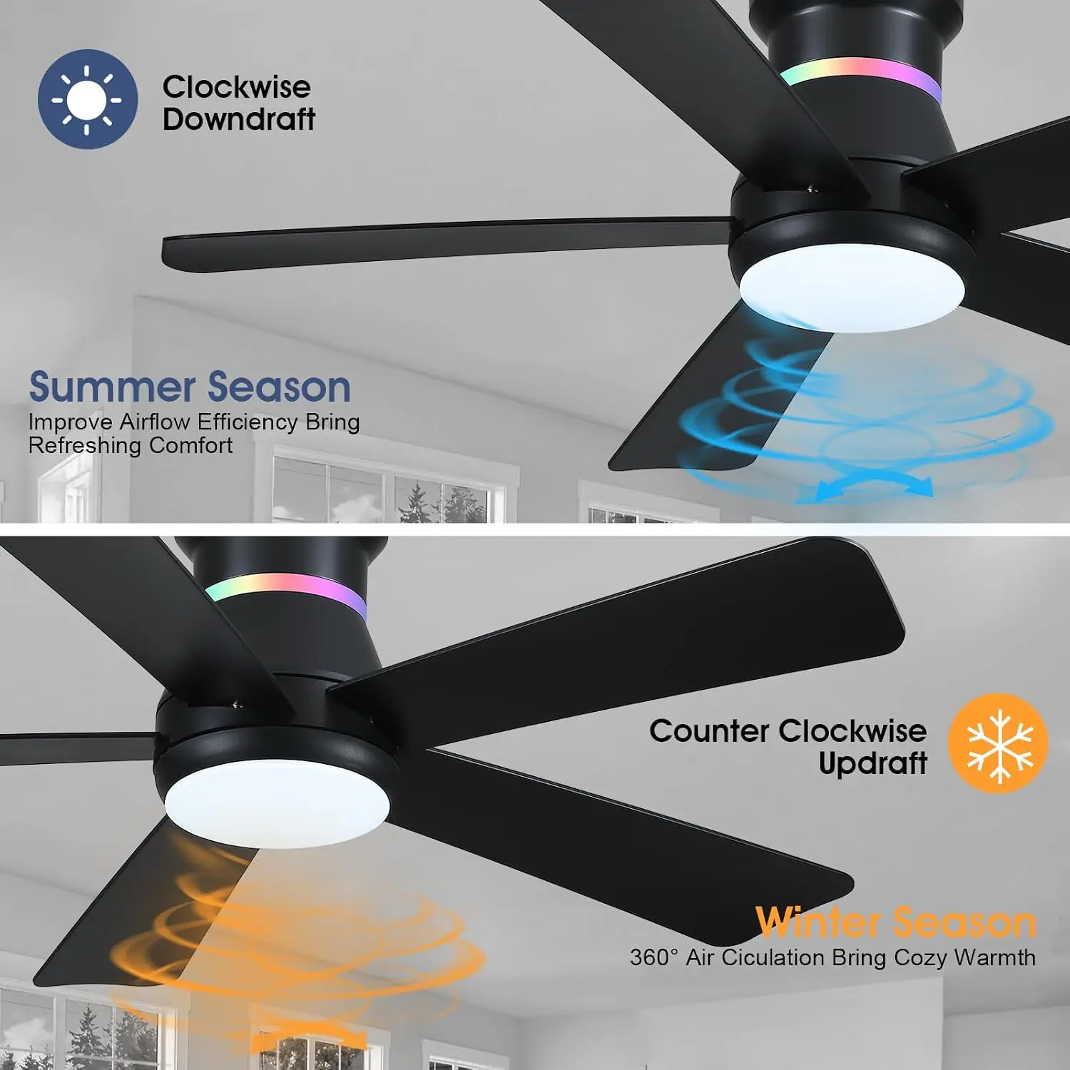 46" Black Ceiling Fan with RGB Lights - Flush Mount, Dimmable LED, Low Profile for Indoor & Covered Outdoor view 4
