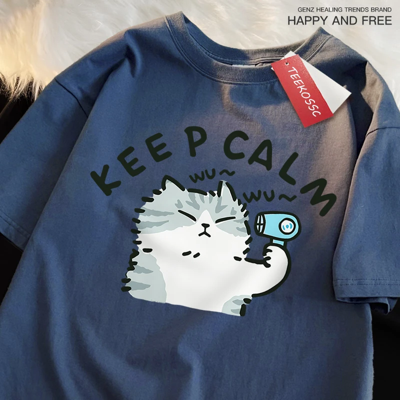 متعة القط باستخدام مجفف الشعر النمط الياباني تي شيرت الرجال لطيف جودة تي شيرت أزياء الملابس القطنية الكرتون فضفاضة قصيرة الأكمام