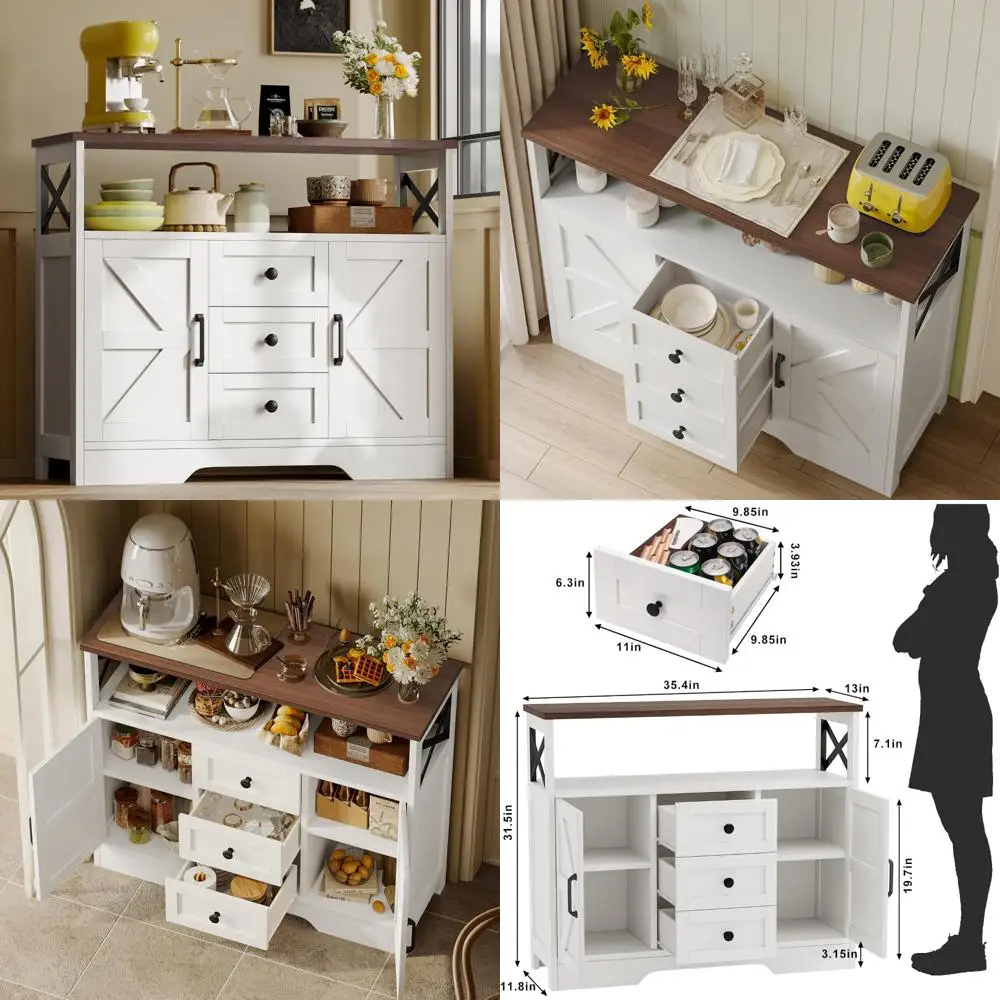 

Furniture Buffet Cabinet with 3 Drawers and 2 Doors, Farmhouse Style Coffee and Wine Bar Storage for Kitchen