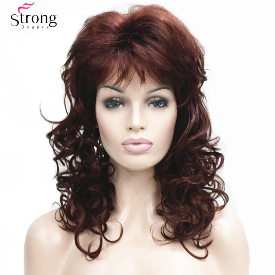 Women\'s  Medium length Wigs Long Dark Auburn Wig Wavy Oblique Bangs Synthetic Hair full Wig For Women