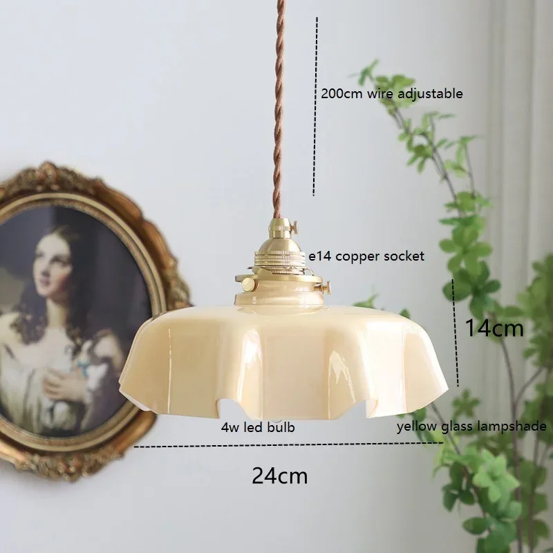 Luma Milky Yellow Glass LED French Pendant Lights Fixtures for Kitchen Island Lighting Bedroom Living Room Copper Hanging Lamps