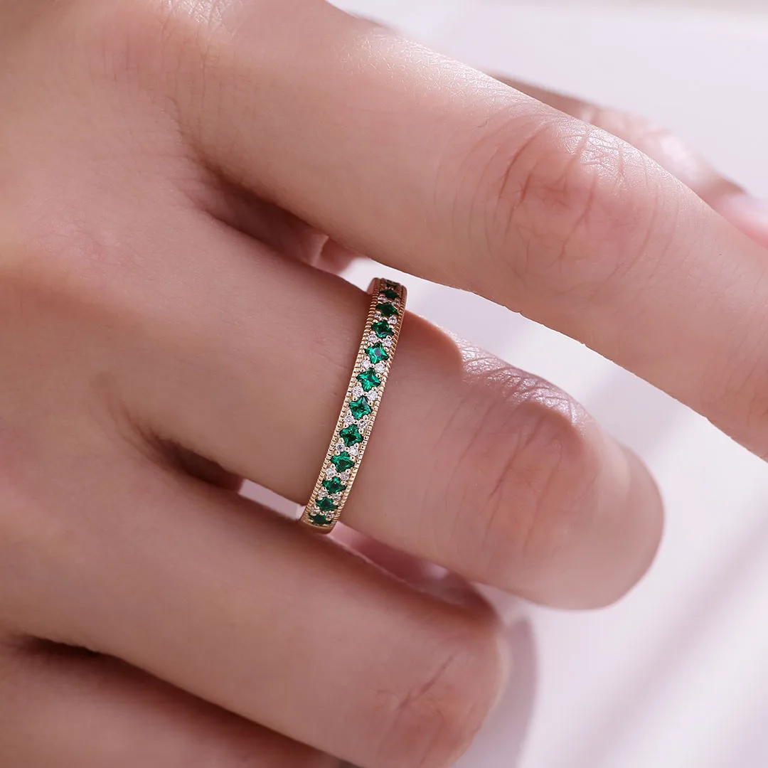 

Provence 14K Yellow Gold Anniversary Band Princess Cut Lab Emerald With Round Moissanite Diamonds For Women Personalized Gift