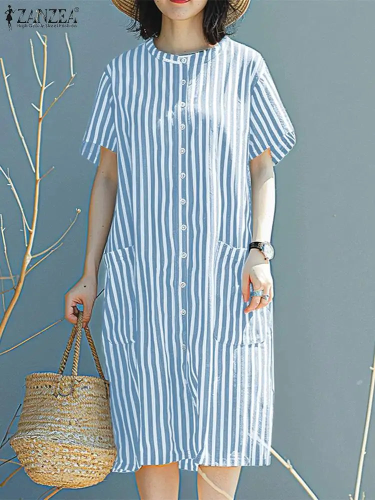 

Платье ZANZEA женское средней длины с одной грудью, повседневный свободный сарафан с рукавом до локтя, модная рубашка в полоску, в Корейском стиле, лето 2024
