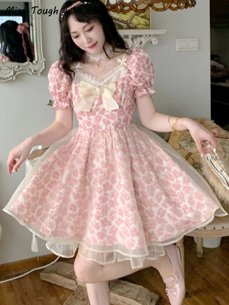 Lace Lolita Print Dress Women French Y2K Patchwork Sweet Party Mini Dresses Female Pink Bow Summer Floral Kawaii Dress 2022 New