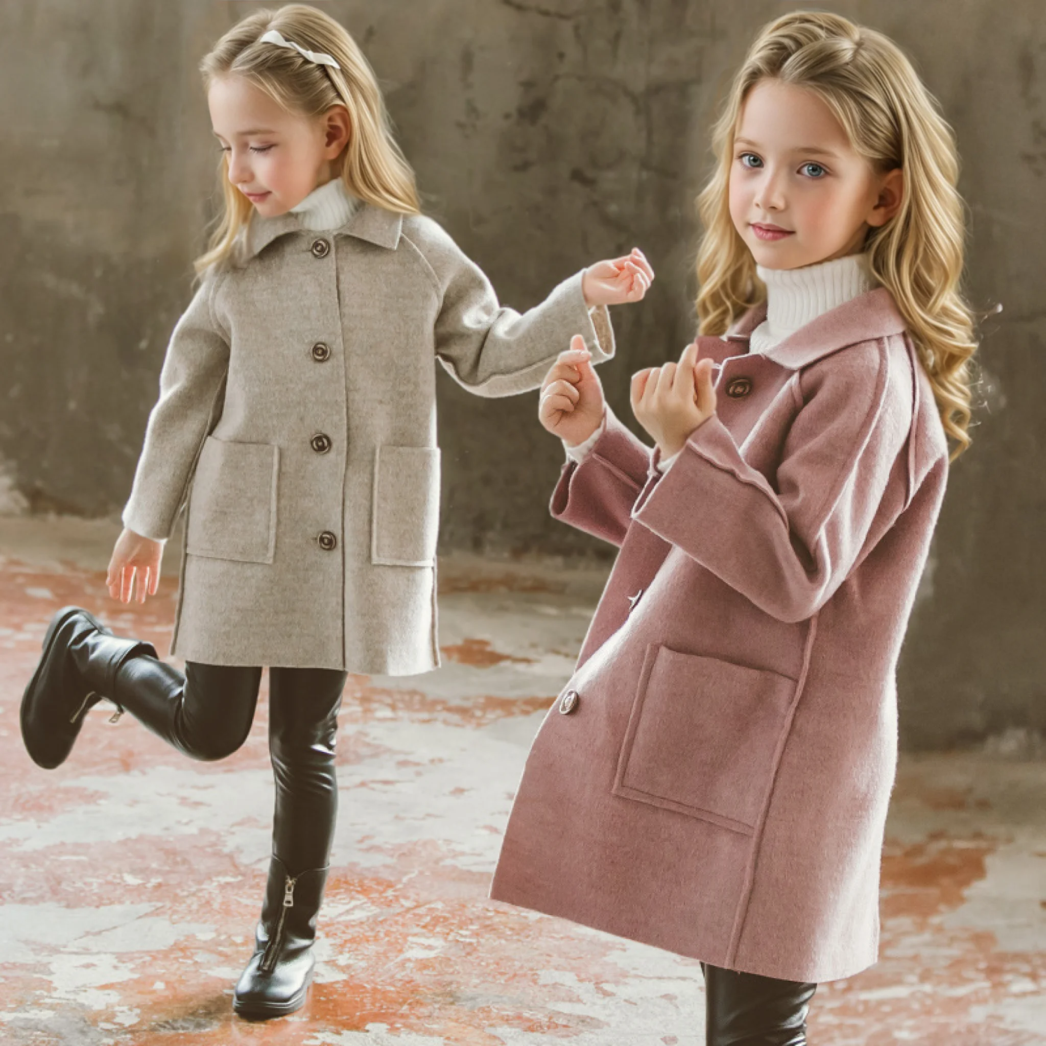 Sweet Girls Christmas Winter Warm Wool Coat Teenager Kids Photography Woolen Coat School Children Windproof Outdoor Jacket 4-13Y