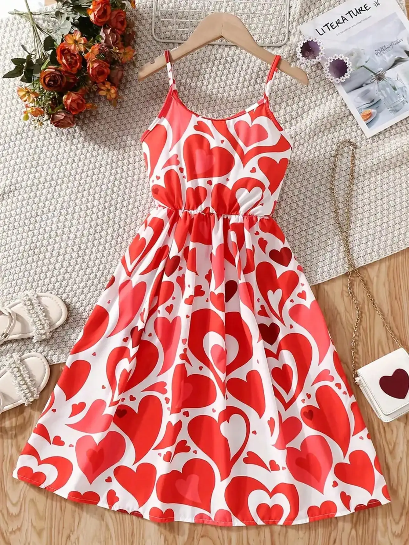 Girl's charming heart-shaped printed summer dress, worn in summer, love print, casual style, classic style