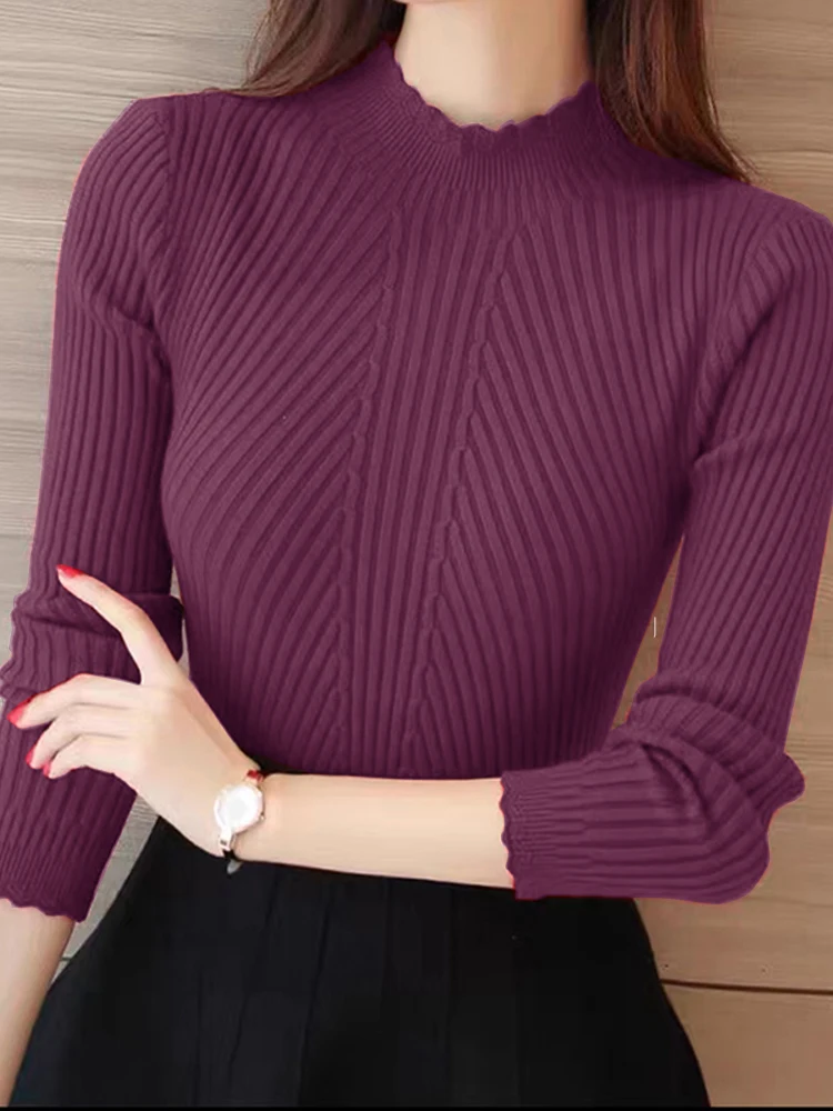 ITOOLIN New Solid Color Pullover Striped Casual Sweater Office Women's Stand Collar Top For Autumn And Winter