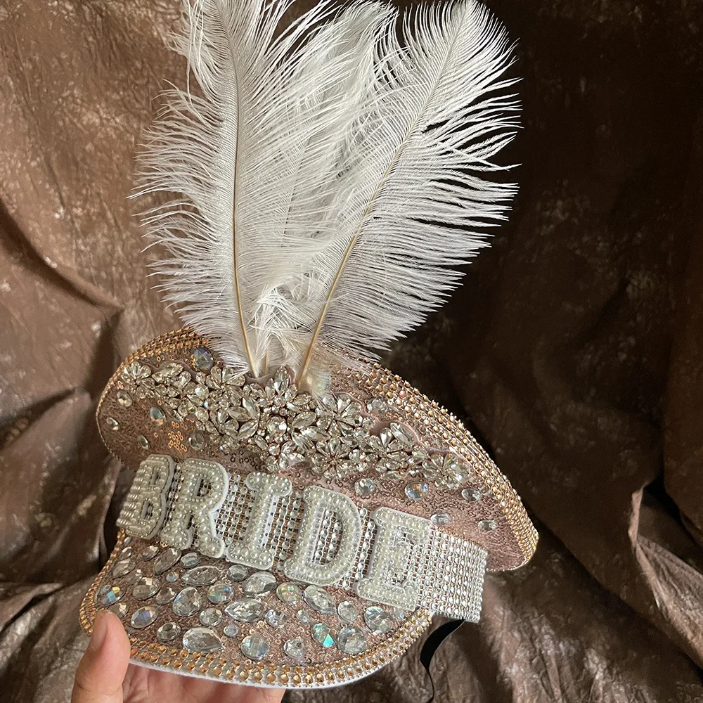 Women Wedding Bride Hat White Feather Military Hat Luxury Rhinestone Queen Sergeant Captain Hat Hen Festival Birthday Part Hat