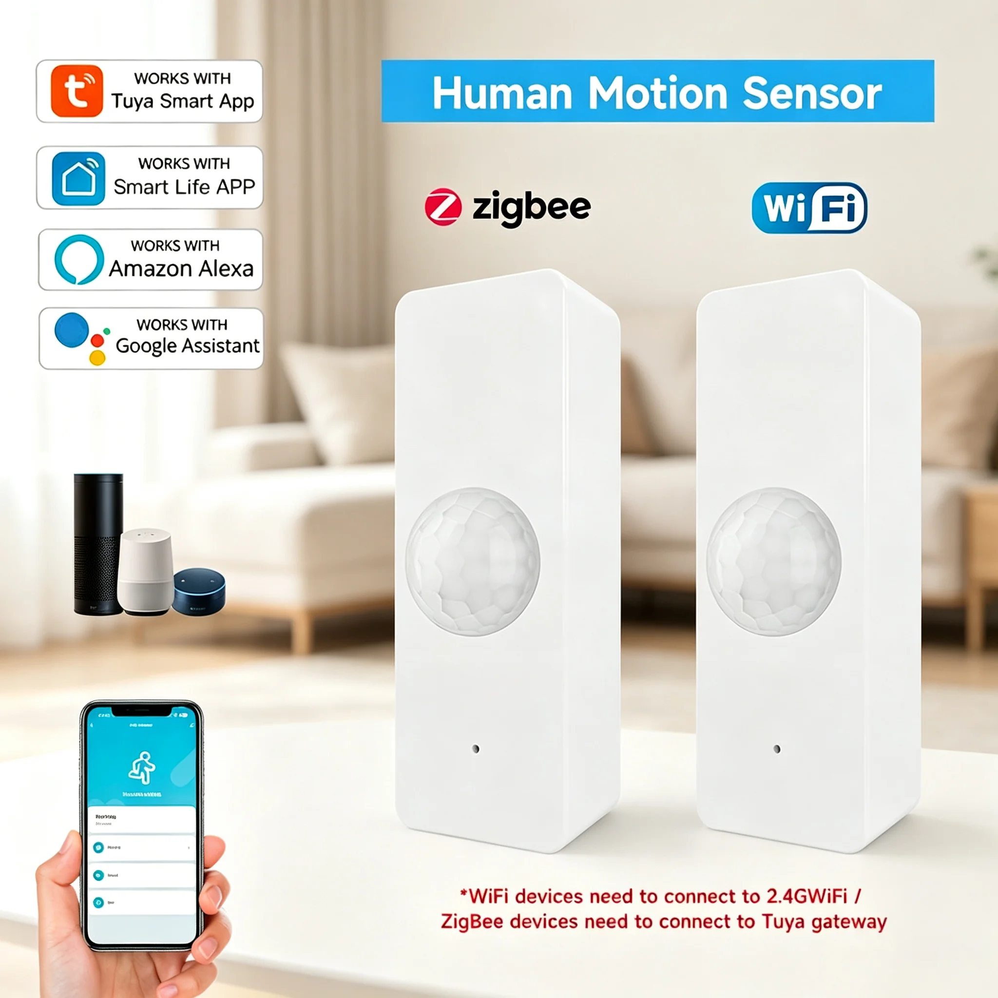 Tuya WiFi Zigbee PIR Bewegungssensor Smart Home Infrarot-Körperdetektor Sicherheitsalarm Smart Life Kompatibel mit Alexa Google