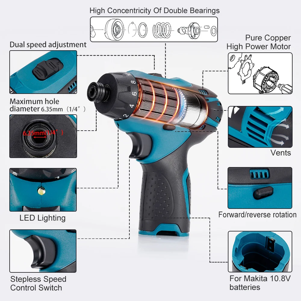 12V Cordless Electric Impact Drill Dual Speed Electric Hammer Driver Screwdriver Lithium Battery Hand Drill For Makita Battery