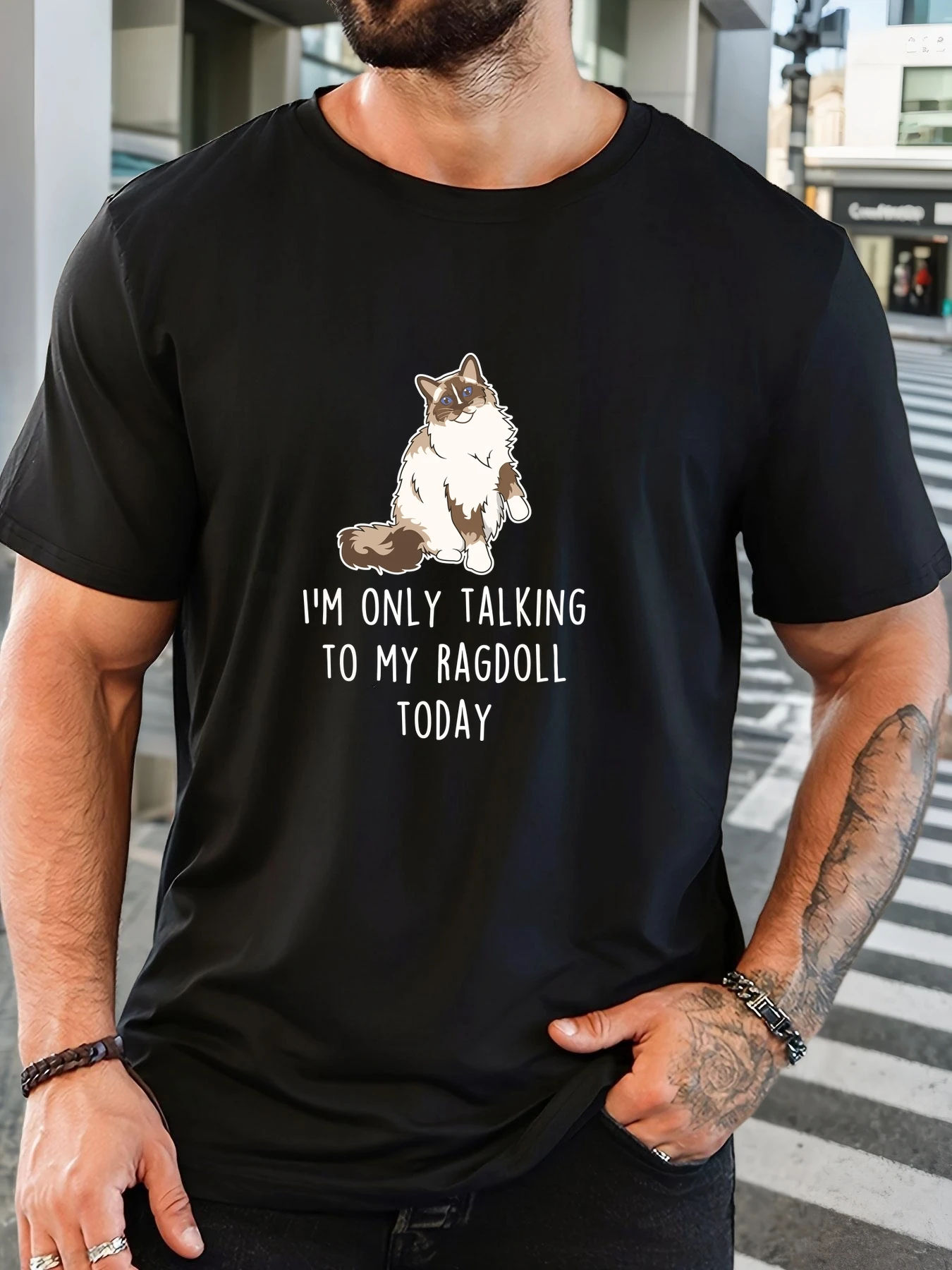 Camiseta negra con cuello redondo para hombre, diseño de gato Ragdoll de dibujos animados, con la frase 'Solo me estoy hablando con mi Ragdoll hoy', blanca, divertida, con gráfico de mascota, suave