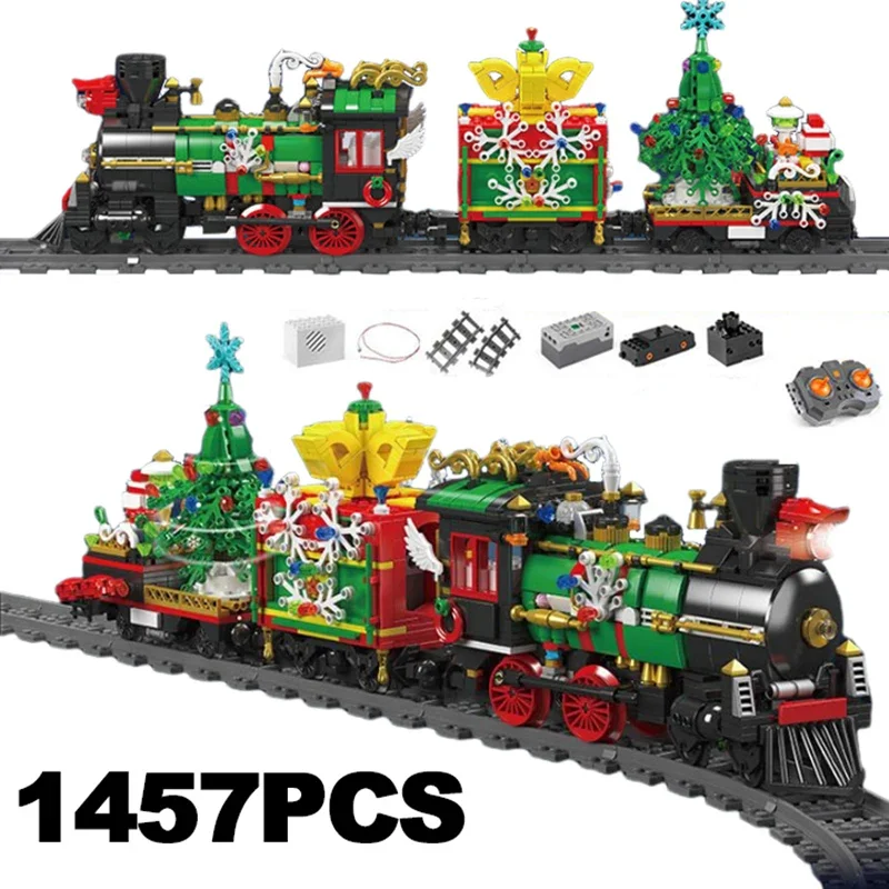 1457PCS Kereta Natal Versi Elektrik dengan Remote Control, Blok Bangunan Model Kendaraan Mainan untuk Anak dan Dewasa, Cocok untuk Hadiah