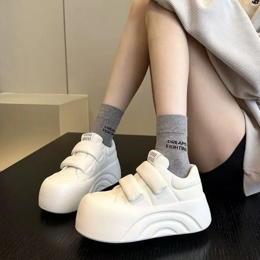 

Thick Bottom Platform Sneakers Women's Bread Style White Flats Spring Autumn New Fashionable Casual Shoes Zipper Closure