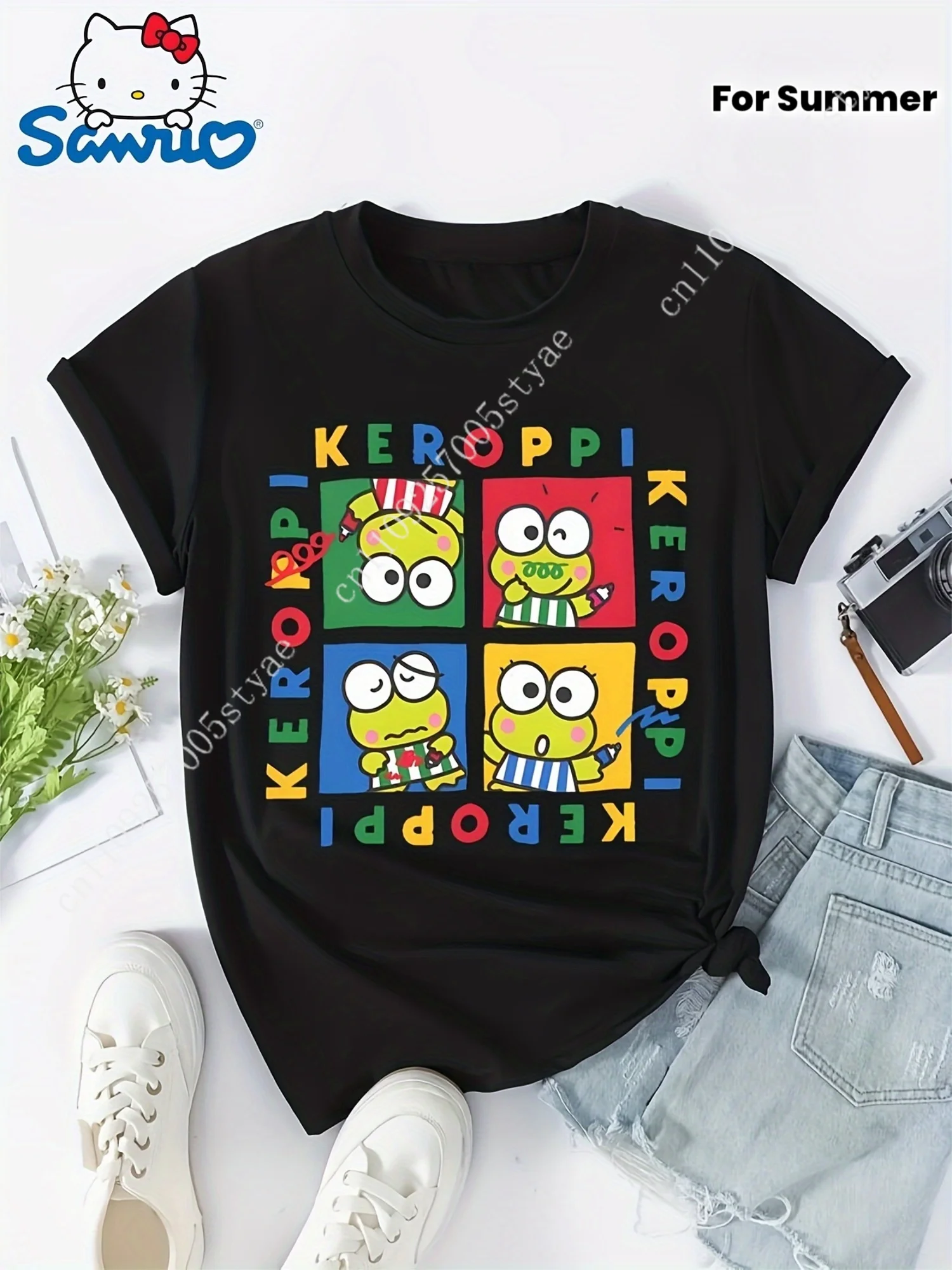 

Sanrio Keroppi Women's Black T-Shirt - Cute Anime Keroppi Face Panels & Miso Sushi Matcha Food Characters, Soft Loose Fit Kawaii
