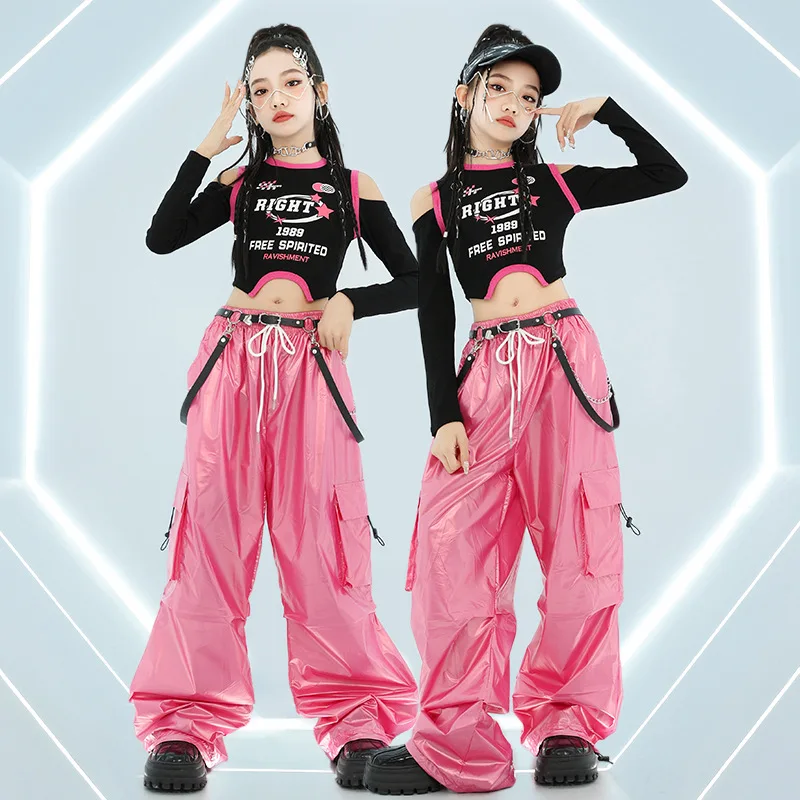 

Modern Jazz Dance Costumes For Girls Crop Tops Pink Cargo Pants Streetwear Kpop Outfits Hip Hop Dance Clothes
