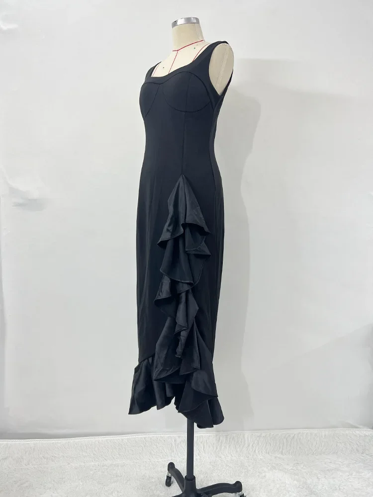 Women’s Square Neck Ruffle Long Dress Sleeveless Backless Side Split Bodycon High Waist Midi Dress Prom Gowns Cocktail Dress
