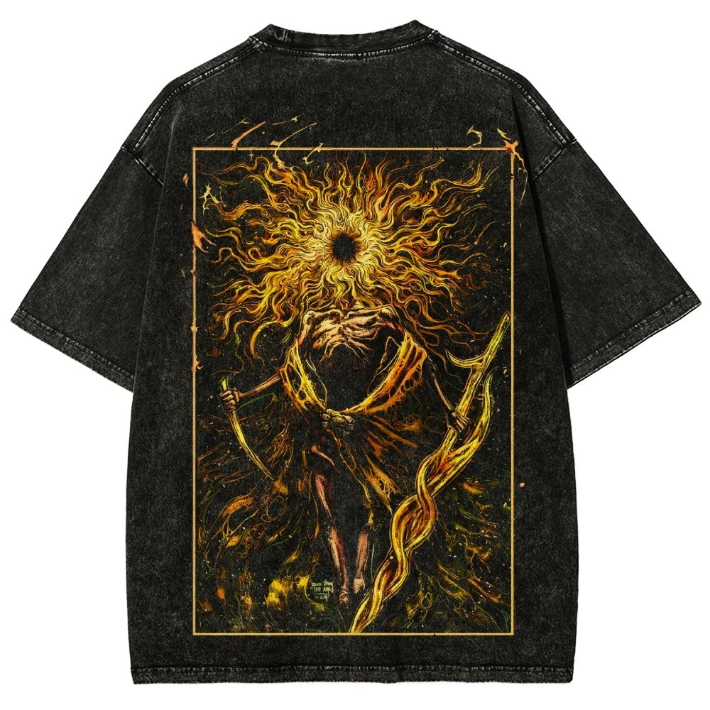 

Retro Golden Sun Madness Print T-Shirt Men Vintage Distressed Washed Tee Dark Souls Style Aesthetic Clothing Streetwear Hip Hop