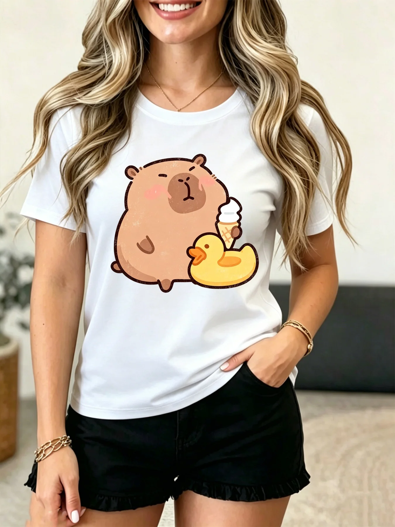 Women Crew Neck Tee Cute Capybara Ice Cream Rubber Duck Graphic Print Short Sleeve Loose Ladies Cotton Plus Size Casual Top