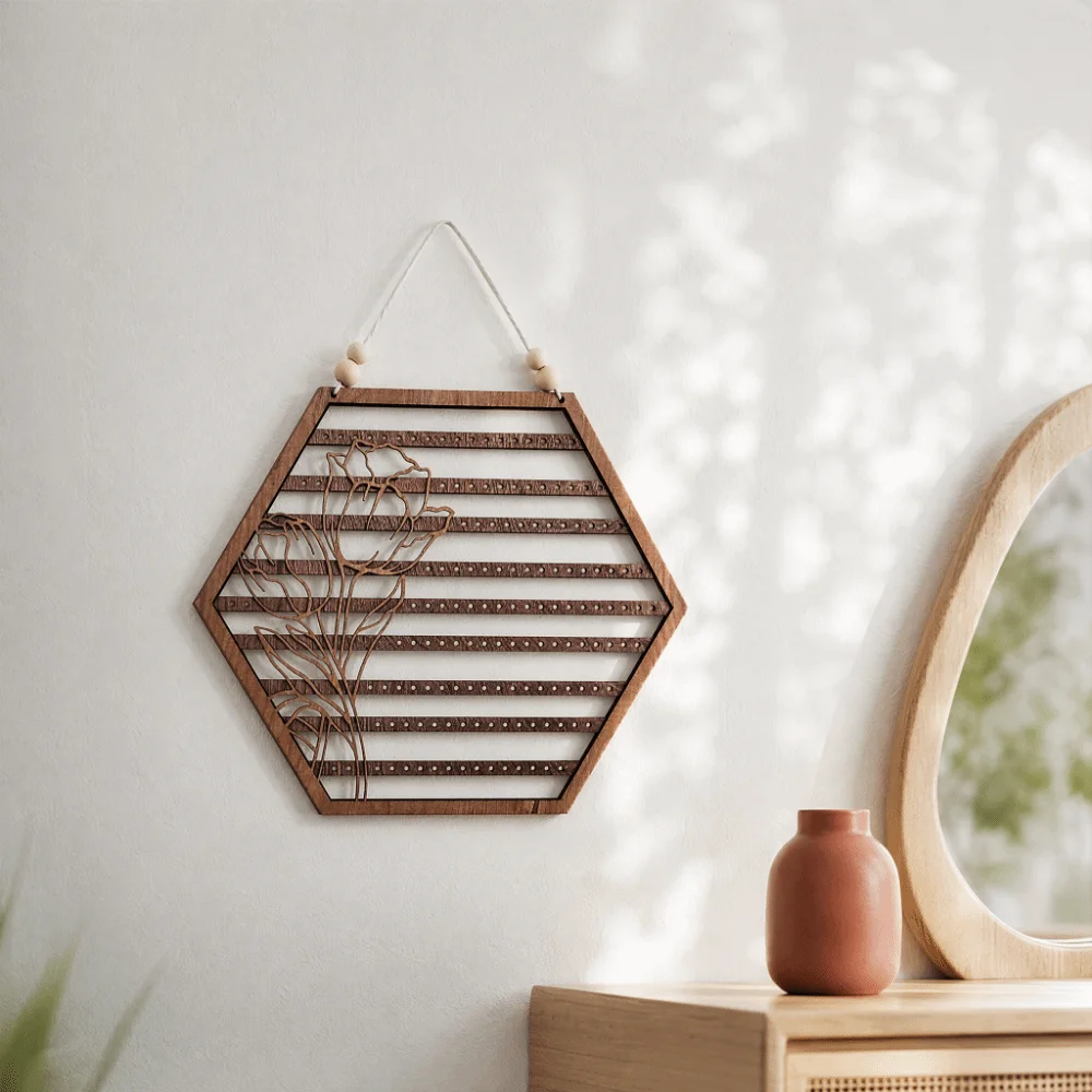 Hexagon Wood Jewelry Rack 11.81 in Strip Hanging Slots Earring Wall Holder Hollow Carving Beaded Hanging Rope