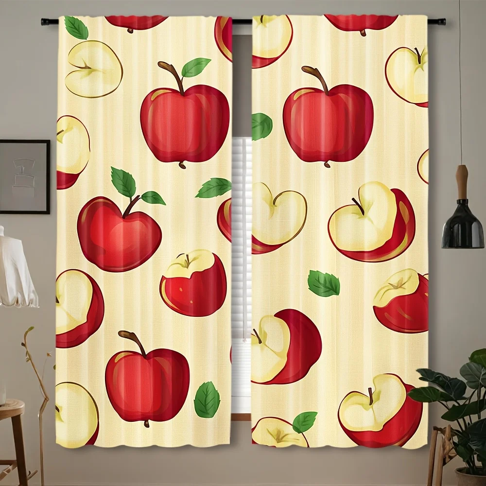 Red Apple Fruit Print Curtains, Cute Cartoon Food Pattern Blackout Drapes for Kitchen, Fresh Farmhouse Style Home Decor