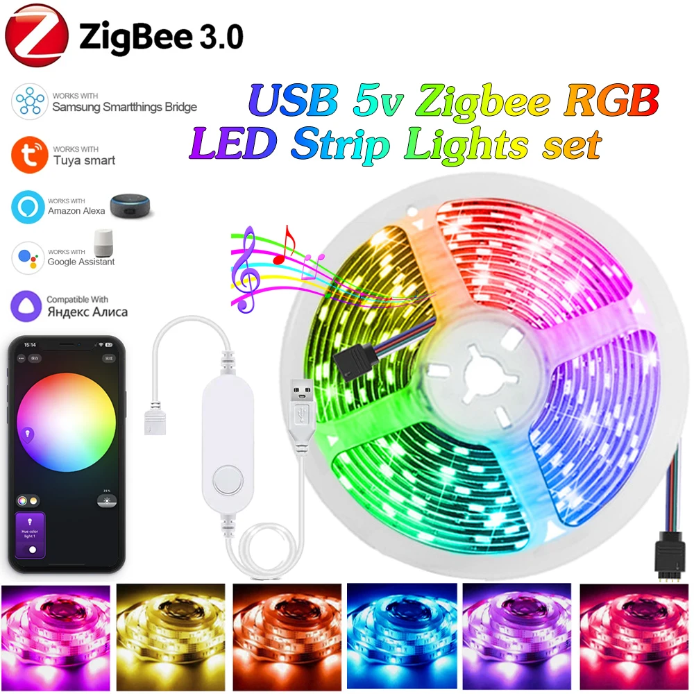 

USB DC5v Tuya Zigbee 3.0 RGB Светодиодные ленты Набор меняющих цвет Светодиодная лента для телевизора Заднее освещение Декор Голосовое приложение Работа Fr Alexa Google