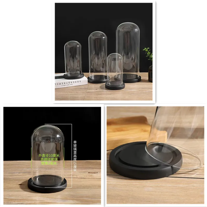 

1pcs Glass Dome Cloche with Black Wood Base Dia 18cm Decorative Showcase Display for Antique Collectibles Bell Jar Terrarium