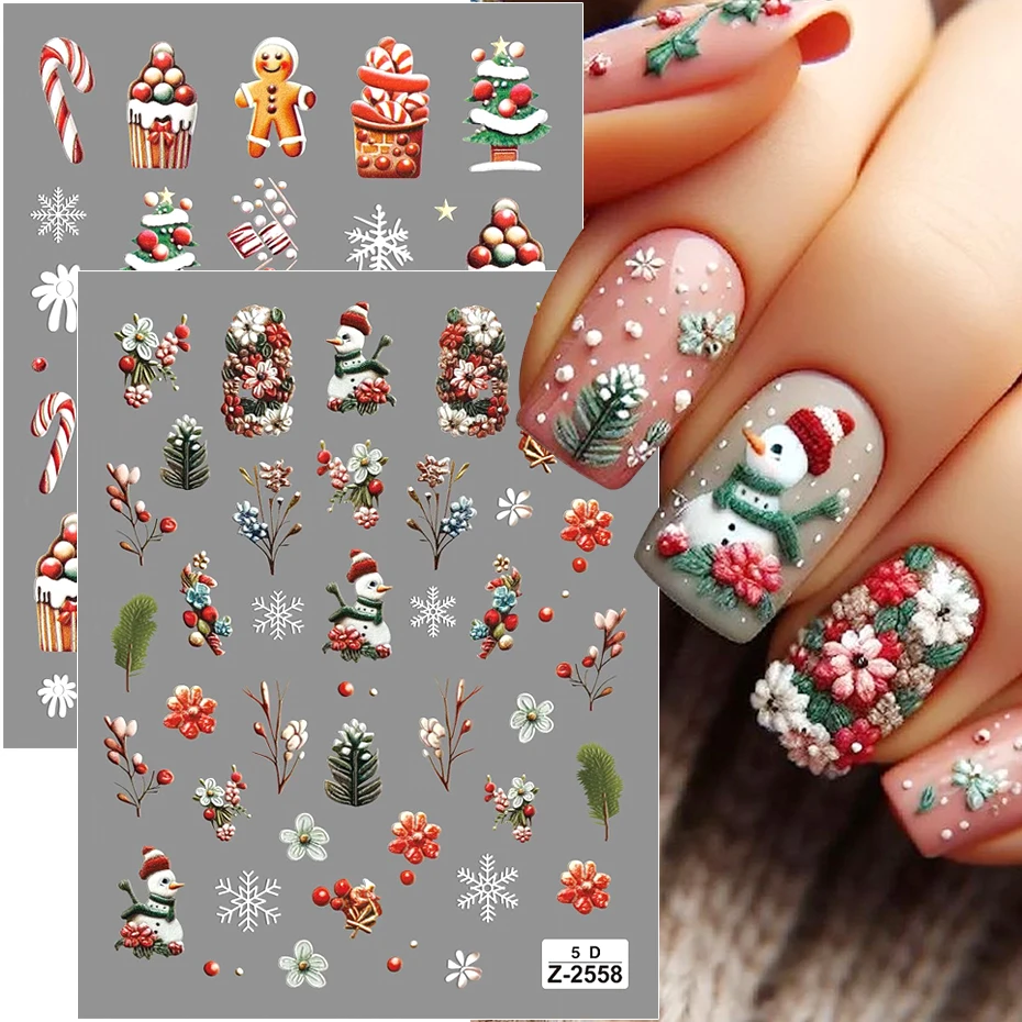 2pcs 5D Gorgeous Christmas Floral Nail Art Stickers Holly Vines Flower Gingerbread Man Candy Cane Designs Adhesive Decals Decor
