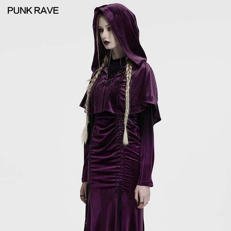 PUNK RAVE Women's Elastic Velvet Lost Elf Cloak Minimalist Hooded Long Back Hem Flexibly Fur Balls Small Coat Three Colors