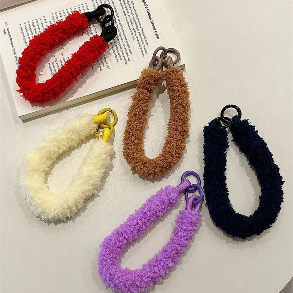 

Colored Plush Belt Wrist Strap Anti-lost Doll Lanyard Mobile Phone Lanyard Solid Color Soft Plush Key Cord Bag Accessories