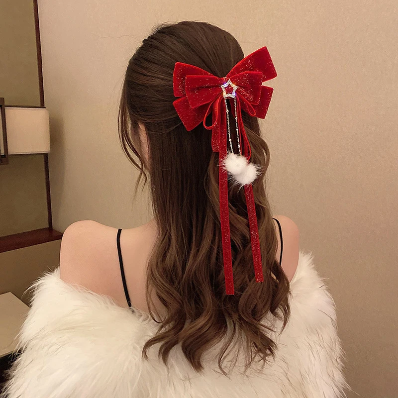 女の子のための大きな赤いベルベットの弓,ヘアアクセサリー,ポンポン,ストリーマー,ヘアピン,クリスマス,新年,装飾的なペンダント