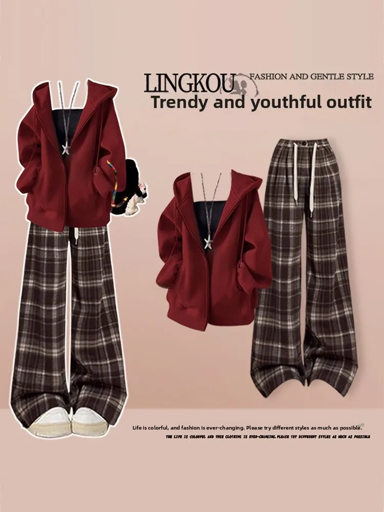 

Large Size Autumn High-End Set Women's Korean Style Beautiful Youthful Outerwear American Plaid Casual Pants Strap Three-Piec...