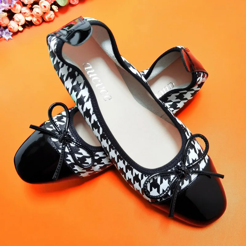 Trend Genuine Leather Cowhide Houndstooth Contrast Color Lady Ballet Flats Egg Roll Single Shoes Flat Soft Women's Shoes Fashion