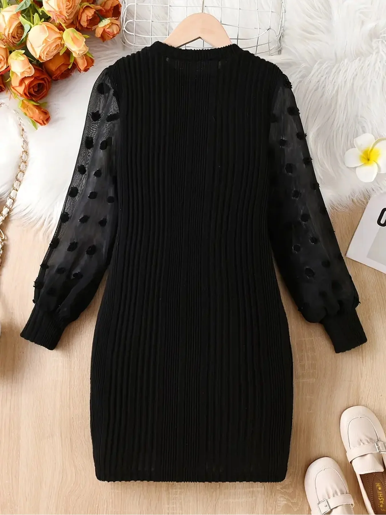 Autumn and winter children's clothing round neck solid color pit stripe polka dot long sleeved dress mid length skirt