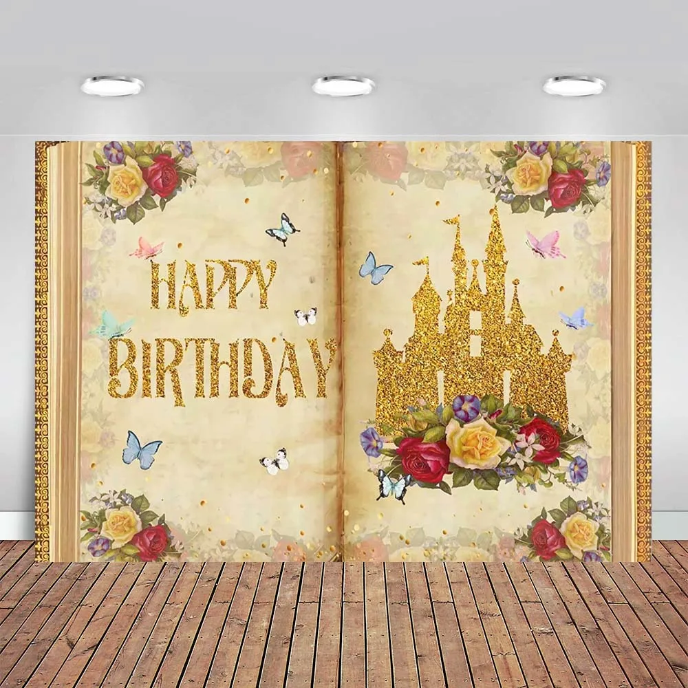 Fairy Tale Books Backdrop for Birthday Vinyl Old Opening Book Castle Red Roses Photography Background Photo Shoot Prop